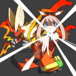  1girl bag blaziken blue_eyes bracelet breasts brown_hair claws cropped_legs fanny_pack fire hair_between_eyes hairband highres jewelry looking_at_viewer may_(pokemon) mega_blaziken mega_pokemon mega_stone pokemon pokemon_(creature) pokemon_(game) pokemon_oras red_shirt shirt simple_background sleeveless sleeveless_shirt small_breasts yachima_tana 