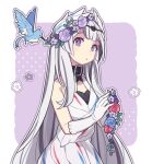  1girl :o animal bare_shoulders bird black_choker black_hair blush breasts choker feather_hair_ornament feathers fire_emblem fire_emblem_engage flower grey_hair haconeri hair_flower hair_ornament long_hair looking_at_viewer multicolored_hair open_mouth petite purple_eyes solo two-tone_hair very_long_hair veyle_(fire_emblem) wavy_hair 