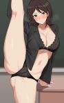  1girl amagami arm_support black_bra black_eyes black_jacket black_panties blush bra breasts brown_hair chalkboard closed_mouth collarbone commentary_request embarrassed indoors jacket kneepits lace-trimmed_bra lace_trim large_breasts mobu navel no_pants no_shirt panties short_hair solo split standing standing_on_one_leg standing_split stomach suit_jacket takahashi_maya underwear 