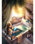  1girl bathtub brown_hair commentary english_commentary fins fish_tail flower_pot highres indoors long_hair looking_to_the_side making-of_available mermaid monster_girl monstera_deliciosa original partially_submerged scales sitting solo sunfwer sunlight tail topless towel water window 