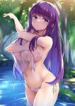  1girl breasts closed_mouth commentary_request day fern_(sousou_no_frieren) forest highres irohara long_hair looking_at_viewer nature navel outdoors panties partially_submerged purple_eyes purple_hair revision side-tie_panties solo sousou_no_frieren standing stomach thighs topless towel underwear water wet wet_hair white_panties 