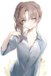  1girl blush breasts brown_hair cleavage collarbone collared_shirt dress_shirt grey_eyes grey_shirt hair_between_eyes hand_up looking_at_viewer lpip original parted_bangs parted_lips shirt short_sleeves side_ponytail simple_background small_breasts solo white_background 