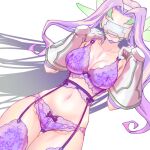  1girl bra breasts cleavage digimon digimon_(creature) fairimon garter_straps gerusyu gloves large_breasts long_hair navel panties purple_bra purple_garter_belt purple_garter_straps purple_hair purple_panties purple_thighhighs solo thighhighs underwear 