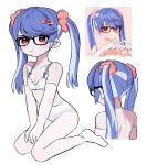  1girl :&lt; black-framed_eyewear blue_hair blue_panties blush bra commentary_request elbow_gloves flat_chest glasses gloves hair_ornament hair_scrunchie hairclip highres kunoichi_kazuhito_(kuno_kazu) long_hair looking_at_viewer multicolored_hair original panties panties_under_pantyhose pantyhose pink_scrunchie red_eyes reference_inset scrunchie simple_background solo streaked_hair swept_bangs twintails underwear white_background white_bra white_gloves white_hair white_pantyhose 