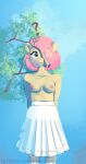  anthro bottomwear clothed clothing drafthoof female fluttershy_(mlp) friendship_is_magic hasbro hi_res my_little_pony question_mark skirt solo topless 