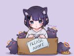  1girl animal_ear_fluff animal_ears blue_eyes blush box cardboard_box cat_ears cat_girl chocolate_chip_cookie collarbone commentary cookie creature eating english_text facial_mark fang food for_adoption gradient_hair hair_ornament halo highres hololive hololive_english multicolored_hair ninomae_ina&#039;nis ninomae_ina&#039;nis_(5th_costume) orange_hair pointy_ears purple_background purple_hair rie_ccat shirt short_hair solo takodachi_(ninomae_ina&#039;nis) tentacle_hair twitter_username virtual_youtuber whisker_markings white_shirt 