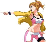  1girl absurdres atamadarurun bike_shorts blue_eyes blue_wristband breasts brown_hair cleavage collarbone commentary_request gundam gundam_build_fighters gundam_build_fighters_try highres hoshino_fumina jacket knees_out_of_frame looking_to_the_side medium_breasts midriff navel open_clothes open_jacket open_mouth outstretched_arm pink_sports_bra pointing pointing_to_the_side ponytail scrunchie sidelocks simple_background smile solo sports_bra standing stomach two-tone_sports_bra white_background wristband yellow_jacket 