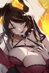  absurdres animal_ears breasts chest_harness choker hand_on_own_chest hanging_breasts harness highres indie_virtual_youtuber large_breasts lia_alluree orange_eyes pulled_by_self strap_pull tongue tongue_out unaligned_breasts wolf_ears 