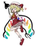  1girl ascot blonde_hair bloomers commentary_request flandre_scarlet full_body hat heart highres laevatein_(touhou) miniskirt mob_cap numamomi one_eye_closed one_side_up orange_ascot puffy_short_sleeves puffy_sleeves red_eyes red_skirt red_vest short_sleeves skirt skirt_set solo touhou vest white_bloomers wings wrist_cuffs 