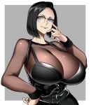  1girl black_corset black_hair black_lips breasts chain cleavage closed_mouth commission corset english_commentary glasses gothic grey_background huge_breasts hz_(666v) large_breasts leather_bikini original outside_border second-party_source see-through see-through_shirt short_hair skeb_commission 