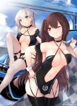  2girls ;) arm_strap azur_lane bare_shoulders black_choker black_gloves black_thighhighs blue_eyes blue_sky blurry blurry_background blurry_foreground blush breasts brown_eyes brown_hair car center_opening checkered_flag choker cleavage clothing_cutout cloud collarbone commentary cowboy_shot criss-cross_halter day dress flag gloves hair_between_eyes halter_dress halterneck hand_on_own_hip head_tilt large_breasts long_hair looking_at_viewer mole mole_under_eye motor_vehicle mujinbensin multiple_girls navel navel_cutout on_vehicle one_eye_closed one_side_up patreon_username pelvic_curtain race_queen revealing_clothes revision shoukaku_(azur_lane) shoukaku_(sororal_wings)_(azur_lane) side_ponytail sidelocks sitting sitting_on_car skindentation sky smile standing thighhighs very_long_hair white_hair white_thighhighs wrist_cuffs zuikaku_(azur_lane) zuikaku_(the_wind&#039;s_true_name)_(azur_lane) 