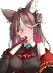  1girl :o animal_ears blush brown_hair chisaka_airi colored_inner_hair eyelashes folding_fan hair_between_eyes hair_bun hand_fan highres long_hair multicolored_hair nishiki_yuno parted_lips phase_connect pink_hair white_background white_hair wolf_ears wolf_girl yellow_eyes 