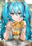  1girl blue_eyes blue_hair closed_mouth commentary food hair_between_eyes hair_ornament hand_on_own_cheek hand_on_own_face hatsune_miku highres himukai_aoi holding holding_spoon long_hair looking_at_viewer number_tattoo parfait pov_across_table smile spoon table tattoo twintails vocaloid 