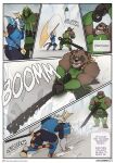  angry anthro arashi_(leobo) armor black_bottomwear black_clothing black_pants blue_armor bottomwear brown_body brown_fur canid canine clothing club_(weapon) comic dialogue dodging duo english_text felid fight five_frame_image fur giant_weapon green_armor green_bottomwear green_clothing green_pants halberd headgear helmet hi_res holding_object holding_weapon kotaro_(leobo) leobo male mammal markings mask melee_weapon pantherine pants polearm raccoon_dog shoulder_guards size_difference slam standing striped_markings striped_tail stripes swipe tail tail_markings tan_body tan_fur tanuki text tiger weapon 