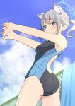  1girl absurdres animal_ear_fluff animal_ears ass black_one-piece_swimsuit blue_archive blue_eyes blue_sky breasts cloud competition_swimsuit covered_navel cowboy_shot cross_hair_ornament extra_ears from_behind grey_hair hair_ornament halo highres looking_at_viewer looking_back low_ponytail medium_breasts medium_hair mismatched_pupils multicolored_clothes multicolored_swimsuit negimiso1989 one-piece_swimsuit railing shiroko_(blue_archive) shiroko_(swimsuit)_(blue_archive) sky solo stretching swimsuit wolf_ears 