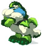  2018 big_breasts blue_clothing blue_topwear bottomwear breasts canid claws clothing female freebird11 fur green_body green_claws green_fur green_hair green_nose hair hi_res looking_at_viewer mammal muscular muscular_female shorts simple_background smile solo standing topwear white_background 