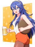  :d alternate_costume beer_mug blue_eyes blue_hair breasts cleavage commission cowboy_shot cup fire_emblem fire_emblem_awakening hair_between_eyes highres holding holding_cup holding_tray hooters ibushi_(oath) looking_at_viewer lucina_(fire_emblem) mug open_mouth orange_shorts pantyhose shirt shorts skeb_commission sleeveless sleeveless_shirt small_breasts smile symbol_in_eye tiara tray white_shirt 