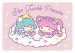  2boys :3 black_eyes border copyright_name cure_milky cure_star frilled_hairband frills fuwa_(precure) green_eyes hairband holding holding_pen little_twin_stars lolita_hairband multiple_boys no_nose on_cloud oponpong parody pen pink_hair precure sanrio smile solid_circle_eyes star_(symbol) star_twinkle_precure style_parody twintails twitter_username white_border wrist_cuffs 