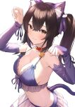  1girl animal_ears arms_up bare_shoulders bell bikini black_bikini blush breasts bridal_gauntlets brown_eyes brown_hair cat_ears cleavage closed_mouth collar fake_animal_ears fake_tail frilled_bikini frills garter_straps hairband jingle_bell large_breasts long_hair looking_at_viewer mimihachi navel neck_bell original paw_pose purple_hairband see-through simple_background smile solo swimsuit tail twintails white_background 