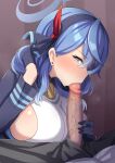  1girl adjusting_hair ako_(blue_archive) bell blue_archive blue_eyes blue_gloves blue_hair blue_jacket blush breasts buttons censored collar commentary_request cowbell erection fellatio garukichi gloves hair_ribbon hairband half_gloves hand_in_own_hair heart heart-shaped_pupils hetero highres jacket large_breasts large_penis long_hair long_sleeves looking_at_viewer mosaic_censoring neck_bell oral penis pov ribbon sideboob symbol-shaped_pupils 