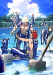  3girls 5boys angry asui_tsuyu bakugou_katsuki barefoot black_hair blonde_hair blue_sky blush boku_no_hero_academia bucket cleaning closed_eyes cloud cloudy_sky day hagakure_tooru hand_on_another&#039;s_head highres holding holding_hose holding_mop hose iida_tenya kirishima_eijirou laughing midoriya_izuku mop multiple_boys multiple_girls muscular muscular_male no-kan open_mouth pool red_hair school_uniform sharp_teeth short_hair sidelocks sky sleeveless smile spiked_hair squatting teeth todoroki_shouto tree uraraka_ochako walking wet 