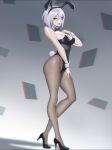 1girl 2b_(nier:automata) alternate_costume animal_ears bare_shoulders black_bow black_bowtie black_footwear black_leotard blue_eyes bow bowtie breasts chromatic_aberration closed_mouth commentary detached_collar fake_animal_ears fake_tail full_body grey_hair hair_between_eyes high_heels highleg highleg_leotard large_breasts leotard looking_at_viewer neorarty nier:automata nier_(series) pantyhose playboy_bunny rabbit_ears rabbit_tail red_lips short_hair solo standing strapless strapless_leotard tail wrist_cuffs 