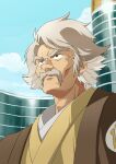  1boy adam&#039;s_apple brown_eyes brown_kimono day facial_hair grey_hair highres japanese_clothes kimono male_focus masunikuru medium_hair mister_ajikko murata_genjiro mustache old old_man outdoors solo thick_eyebrows upper_body 