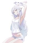 1girl absurdres armpits blue_archive breasts camisole closed_mouth collarbone controlline3 english_commentary grey_eyes halo hands_up highres himari_(blue_archive) hip_bones long_hair mole mole_under_eye one_eye_closed pointy_ears short_shorts shorts simple_background sketch sleeveless small_breasts solo stretching tears very_long_hair white_background white_camisole white_hair 
