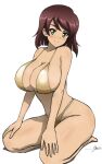  1girl artist_name barefoot bikini blunt_ends bob_cut breasts brown_hair bukkuri cleavage closed_mouth commentary_request dark-skinned_female dark_skin full_body girls_und_panzer gold_bikini green_eyes hands_on_own_knees head_tilt kneeling large_breasts looking_at_viewer partial_commentary short_hair signature simple_background smile solo string_bikini swimsuit thong_bikini tristana_(girls_und_panzer) white_background 