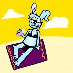  anthro beach bikini bulge clothing female fur genitals gynomorph hi_res intersex lagomorph mammal penis seaside sitting smile solo swimwear taylore tongue tongue_out towel 