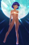  1girl absurdres arms_at_sides bare_shoulders blue_background blue_gemstone blunt_bangs blunt_ends blush bob_cut breasts closed_mouth collarbone commentary curled_fingers dark dark-skinned_female dark_skin earrings female_pubic_hair full_body full_moon fushigi_no_umi_no_nadia gem glowing gold_bracelet green_eyes groin hair_ornament hairclip highres hoop_earrings jewelry light_blush light_smile looking_at_viewer maruyama_musashi moon nadia_la_arwall navel neck_ring necklace night night_sky nipples pendant pubic_hair purple_hair pussy short_hair sky small_breasts solo sparkle spread_legs standing toes 