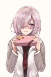  1girl :d absurdres blush box fate/grand_order fate_(series) gift gift_box glasses hair_over_one_eye highres jacket kyota07 looking_at_viewer mash_kyrielight necktie open_mouth purple_eyes purple_hair red_necktie short_hair simple_background sketch smile solo upper_body valentine white_background 