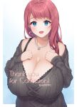  1girl alternate_breast_size aran_sweater asahina_akane_(2nd_costume)_(nijisanji) asahina_akane_(nijisanji) black_bra blue_eyes bra breasts cable_knit cleavage commission dress earrings fang gigantic_breasts gradient_background grey_sweater hands_on_own_chest heart heart_earrings highres jewelry looking_at_viewer necklace nijisanji off-shoulder_sweater off_shoulder official_alternate_costume open_mouth pearl_necklace red_hair saitou_touko skin_fang smile solo sweater sweater_dress underwear 