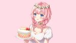  1girl blue_eyes blush braid breasts cake choker cleavage collarbone commission flower_wreath food fruit happy_birthday head_wreath holding holding_food holding_plate long_hair open_mouth original pink_background pink_hair plate puffy_short_sleeves puffy_sleeves sakunagita short_sleeves smile solo strawberry strawberry_shortcake twin_braids upper_body 