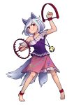  1girl animal_ears barefoot dog_ears dog_tail foothold_trap full_body grey_hair highres mitsugashira_enoko multiple_tails petticoat pink_skirt purple_shirt red_eyes shirt short_hair short_sleeves skirt solo speckticuls tail touhou transparent_background unfinished_dream_of_all_living_ghost 