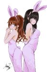  2girls :o animal_ears black_hair blush bodysuit breasts brown_hair fake_animal_ears fake_tail highres hino_akane_(idolmaster) idolmaster idolmaster_cinderella_girls long_hair looking_at_viewer medium_breasts multiple_girls pink_bodysuit ponytail rabbit_ears rabbit_tail sagisawa_fumika signature simple_background strapless_bodysuit t7474 tail very_long_hair white_background 