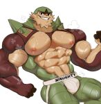  2023 abs anthro barazoku beard bodily_fluids body_hair brown_body brown_fur bulge butt chesnaught chest_hair clothed clothing dumbandgreen facial_hair fur generation_6_pokemon green_body green_fur hair hairy hi_res jockstrap looking_at_viewer male muscular muscular_anthro muscular_male nintendo nipples pecs pokemon pokemon_(species) pubes smile solo sweat sweatdrop teeth underwear 