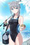  1girl ? animal animal_ear_fluff animal_ears auui bag black_one-piece_swimsuit blue_archive blue_eyes blurry blurry_foreground blush closed_mouth collarbone commentary_request competition_school_swimsuit covered_navel cross_hair_ornament duffel_bag extra_ears fish fishing_rod grey_hair hair_ornament highres holding holding_animal holding_fish holding_fishing_rod looking_at_viewer medium_hair official_alternate_costume official_alternate_hairstyle one-piece_swimsuit outdoors ponytail puffer_fish school_swimsuit shiroko_(blue_archive) shiroko_(swimsuit)_(blue_archive) sidelocks sleeveless solo standing swimsuit upper_body wolf_ears 