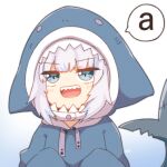  1girl a_(phrase) animal_hood blue_eyes blue_hair blunt_bangs commentary_request fins fish_tail fuuen_(akagaminanoka) gawr_gura gawr_gura_(1st_costume) gradient_background hololive hololive_english hood multicolored_hair open_mouth shark_girl shark_hood shark_tail sharp_teeth sidelocks signature sleeves_past_fingers sleeves_past_wrists smile solo streaked_hair tail teeth upper_body virtual_youtuber white_hair 