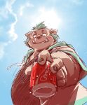  anthro belly beverage blue_hair blush clothing gouryou hair hoodie lifewonders male mammal offering_to_viewer overweight soda solo suid suina sus_(pig) takagi_kyou tokyo_afterschool_summoners topwear tusks wild_boar 
