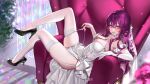 1girl absurdres armchair artist_name blurry blurry_foreground blush breasts chair choker cleavage dress elbow_gloves flower full_body garter_straps gloves high_heels highres honkai:_star_rail honkai_(series) indoors kafka_(honkai:_star_rail) large_breasts long_hair looking_at_viewer parted_lips purple_eyes purple_flower purple_hair purple_rose ringeko-chan rose single_elbow_glove sitting_sideways smile solo strap_lift thighhighs white_choker white_dress white_thighhighs 