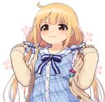  1girl :3 blonde_hair blue_bow blue_bowtie blue_dress blue_ribbon blush bow bowtie brown_eyes cardigan closed_mouth commentary cowlick dress duplicate floral_background flower futaba_anzu hair_ribbon idolmaster idolmaster_cinderella_girls kamille_(vcx68) long_hair looking_at_viewer low_twintails open_cardigan open_clothes redrawn ribbon sleeves_past_wrists smile solo standing striped striped_ribbon twintails w_arms white_background wrapped_candy yellow_cardigan 