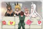 1boy 4girls :d animal_ears arm_support ascot ass bare_shoulders black_ascot black_bow black_bowtie black_gloves black_leotard black_pantyhose blanc_(nikke) blonde_hair blunt_bangs blush bow bowtie breasts brown_eyes brown_hair cleavage closed_mouth collarbone commander_(nikke) couch dark-skinned_female dark_skin detached_collar elbow_gloves facial_tattoo fake_animal_ears fake_tail fang fishnet_pantyhose fishnets gloves goddess_of_victory:_nikke green_eyes hair_between_eyes hand_on_own_chest hand_up heart highleg highleg_leotard highres horns large_breasts leotard long_hair medium_breasts multiple_girls nervous_smile noir_(nikke) official_alternate_costume open_mouth pantyhose pink_horns pink_leotard playboy_bunny ponytail rabbit_ears rabbit_tail red_eyes rupee_(nikke) rupee_(rabbit_deluxe)_(nikke) siblings sidelocks sisters sitting skin_fang smile strapless strapless_leotard tail tattoo very_long_hair viper_(nikke) viper_(toxic_rabbit)_(nikke) white_hair white_leotard white_nails white_pantyhose wrist_cuffs yellow_bow yellow_bowtie yellow_eyes yes-no_pillow zchronicle 