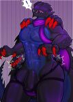  anthro balls biceps blush bottomwear capcom claws clothed clothing digital_media_(artwork) dragon eyeless gaiki genitals gore_magala hi_res male membrane_(anatomy) membranous_wings monster_hunter muscular muscular_anthro muscular_male nude open_mouth pecs penis scales scalie simple_background solo tail text thick_thighs torn_clothing wardrobe_malfunction wide_hips wings 