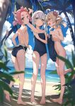  3girls ahoge animal_ears beach blonde_hair blue_sky cloud coconut_tree diona_(genshin_impact) genshin_impact green_eyes grey_hair hair_ornament highres klee_(genshin_impact) long_hair looking_at_viewer multiple_girls nahida_(genshin_impact) nude ocean palm_tree pink_hair pointy_ears red_eyes sakimiya_mafu sky swimsuit tail tree twintails 