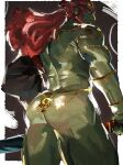  1boy absurdres armlet ass ass_focus bara barayot beard colored_skin facial_hair feet_out_of_frame from_behind frown ganondorf gold green_skin highres holding holding_sword holding_weapon huge_eyebrows long_hair looking_at_viewer looking_back male_focus mature_male muscular muscular_male nude official_alternate_costume orange_hair painterly shiny_skin solo sword tattoo the_legend_of_zelda the_legend_of_zelda:_tears_of_the_kingdom thick_eyebrows thick_thighs thighs triceps undressing weapon wrinkled_skin 