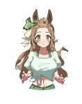  1girl alternate_costume animal_ears blush breasts brown_hair ear_ornament gaze_on_me!_outfit_(umamusume) green_shirt green_shorts highres horse_ears horse_girl long_hair looking_at_viewer medium_breasts midriff navel parted_lips puffy_short_sleeves puffy_sleeves satono_diamond_(umamusume) shirt short_sleeves shorts simple_background solo t-shirt takuan_(taku1219oekaki) tied_shirt umamusume upswept_hair very_long_hair white_background yellow_eyes 