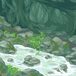  day forest landscape lowres moss naname_(fossama1) nature no_humans original outdoors pixel_art plant river rock scenery still_life stream tree water 