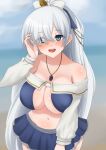  1girl :d anastasia_(fate) arm_at_side asymmetrical_hair bare_shoulders bikini bikini_skirt blue_bikini blue_eyes blue_skirt blurry blurry_background blush body_blush breasts cleavage collarbone cowboy_shot fate/grand_order fate_(series) frilled_skirt frills grey_hair hair_over_one_eye hand_in_own_hair hand_up highres jewelry large_breasts long_hair long_sleeves looking_at_viewer navel necklace open_mouth pendant pleated_skirt ponytail sawatarou_(roto) skirt smile solo standing swimsuit very_long_hair white_sleeves wide_ponytail 