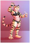  absurd_res anthro bodily_fluids bottle bra clothing coldgemini container disney felid female hand_gesture hi_res mammal one_eye_closed pack_street pandora_(weaver) pantherine simple_background solo sports_bra standing sweat sweaty_abs sweaty_legs sweaty_thighs tiger underwear water_bottle zootopia 